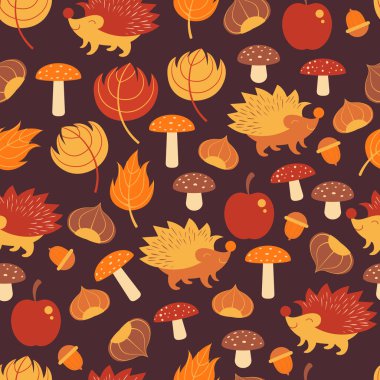 Sonbahar yapraklarının, meşe palamutlarının, kestanelerin, mantarların ve kirpilerin koyu kahverengi arka planda vektörsüz deseni. Düz çizgi film çizimi.