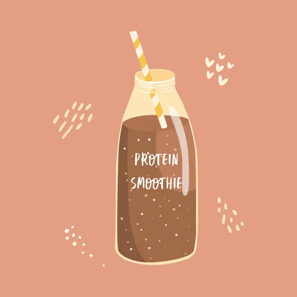 Platt Vektor Tecknad Illustration Ett Protein Smoothie Transparent Glasflaska Med — Stock vektor