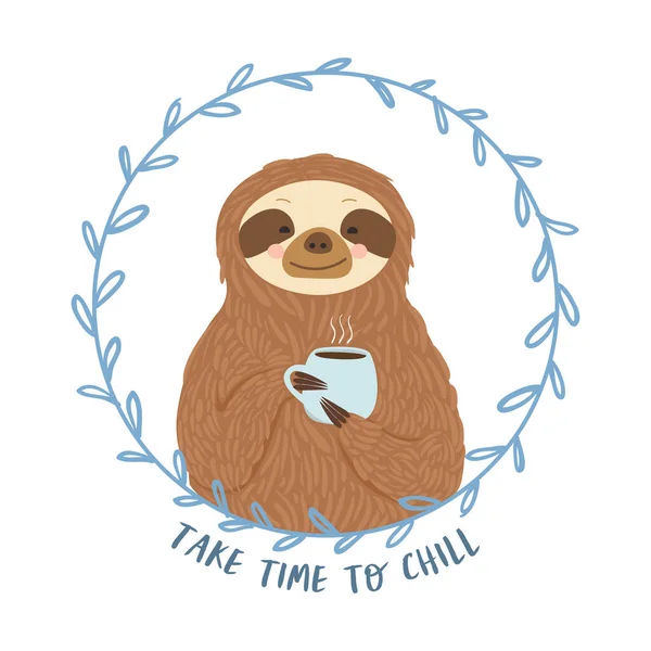 Flat Vector Cartoon Greeting Card Cute Sloth Holding Cup Hot — Stock Vector