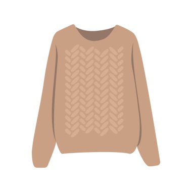 Sıcak, kahverengi bir kazağın düz vektör çizimi. Beyaz bir arka planda kadın örgüsü.