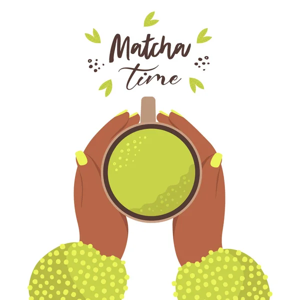 Manos Femeninas Sosteniendo Una Taza Matcha Dibujos Animados Vector Plano — Vector de stock