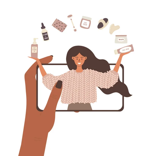 Desenho Animado Vetorial Plano Ilustração Mão Uma Mulher Segurando Telefone — Vetor de Stock