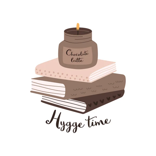 Bir yığın kitap ve yanan kokulu mumun düz vektör çizimi. Hygge zamanı. Kitaplar ve lezzetli kokulu mumlarla evden uzakta rahat bir ev kavramı. İskandinav tarzı