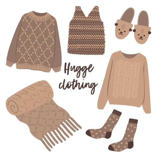 Vlakke Vector Cartoon Set Van Huisgebreide Gezellige Hygge Kleding Artikelen — Stockvector