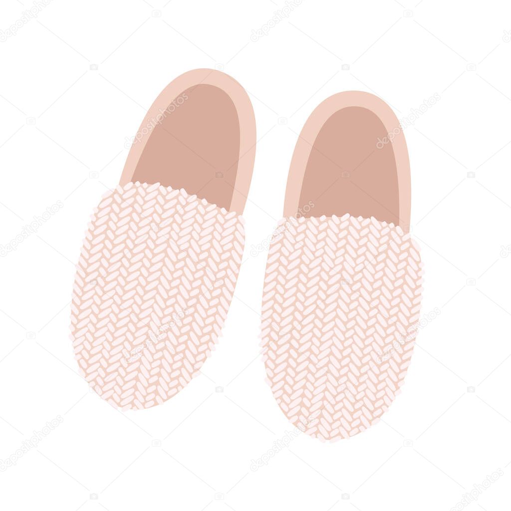 Flat vector illustration of light pink Slippers, top view. A pair of cozy home Slippers with a knitted element. Home shoes isolated on a white background.