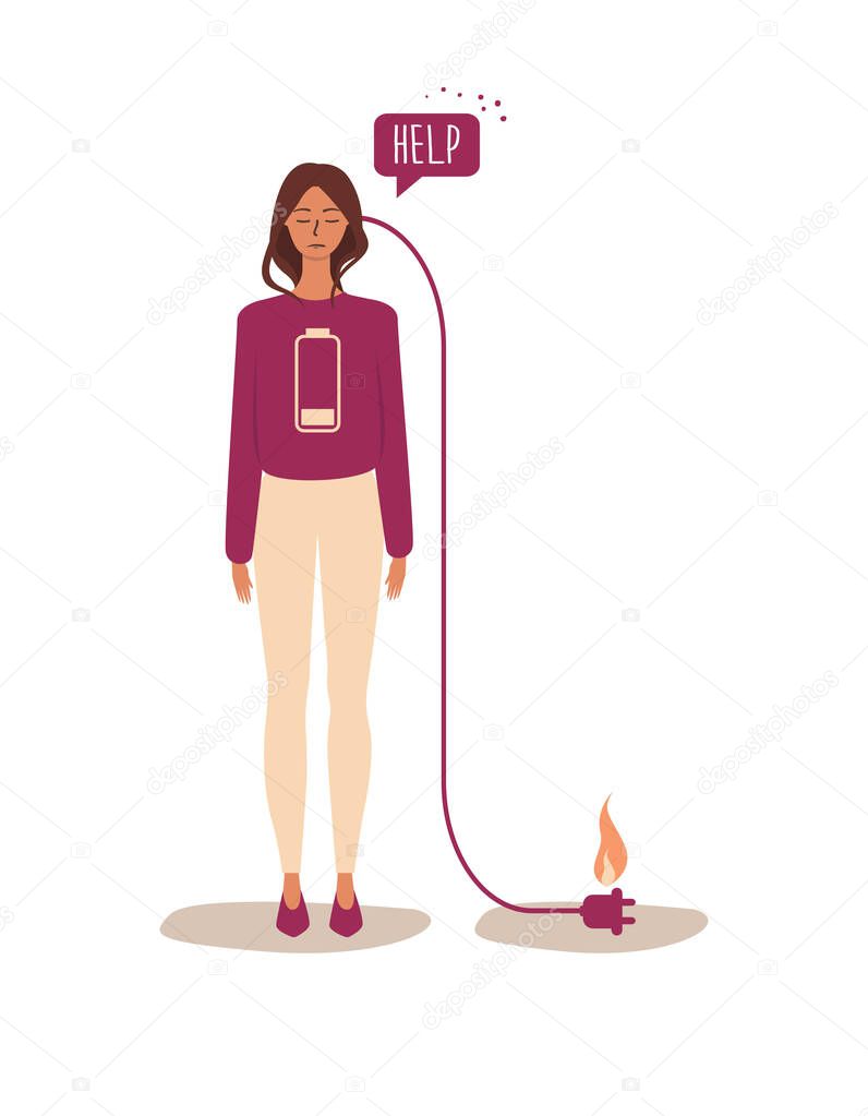 Flat vector cartoon illustration of a woman with a low battery, the concept of emotional burnout, chronic fatigue, stress, headache, depression, psychological problems.