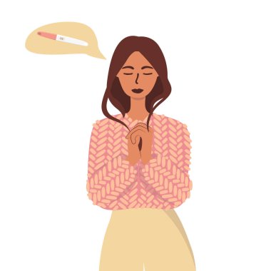 Pozitif hamilelik testi sonucunu bekleyen bir kadının düz vektör karikatür çizimi iki çizgi şeklinde sonuçlanır. Hamilelik planı, annelik.