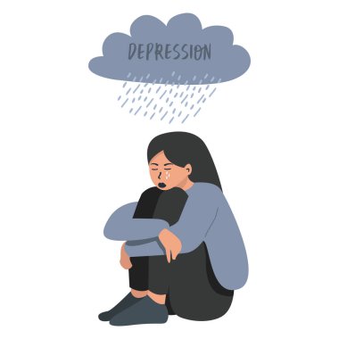 Yağmur bulutu altında oturmuş, dizlerine sarılıp ağlayan üzgün bir kızın düz vektör çizimi. Psikolojik sorunlar ve depresyon.