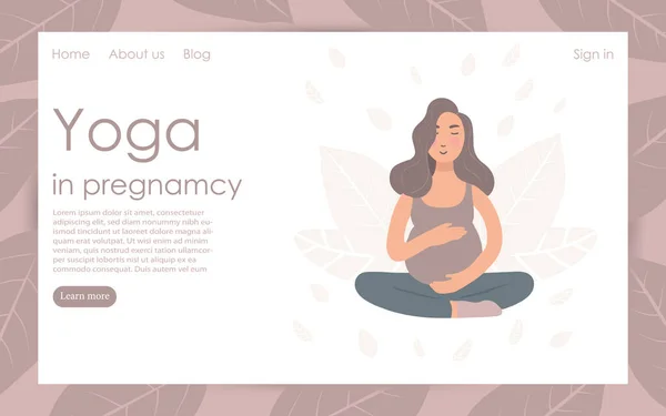 妊娠中のヨガ 妊娠中の女性はロータスの位置に座っている 妊婦のためのヨガクラブのターゲットウェブページのためのテンプレート 妊娠中の健康的で活発なライフスタイル 女性のための演習 — ストックベクタ