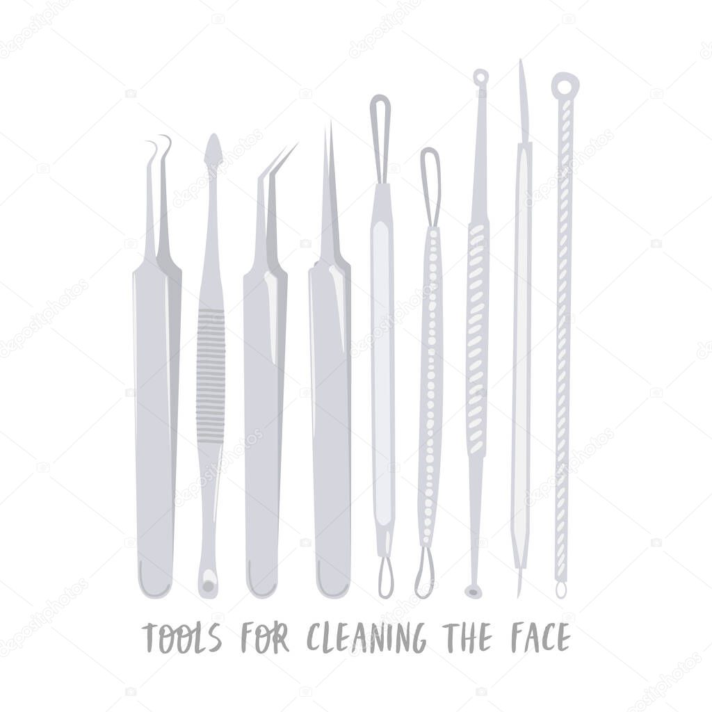 Flat vector cartoon illustration of various face cleaning tools. Tools for black spots and pimples on the face isolated on a white background. Concept of home care for problem skin.
