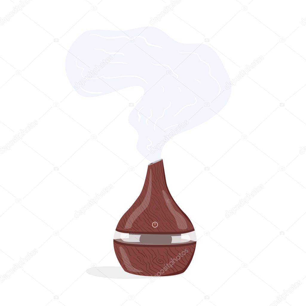 Flat vector cartoon illustration of a humidifier diffuser with a steam explosion. Home ultrasonic gadget, Cleaner, healthy humidity. Isolated design on a white background