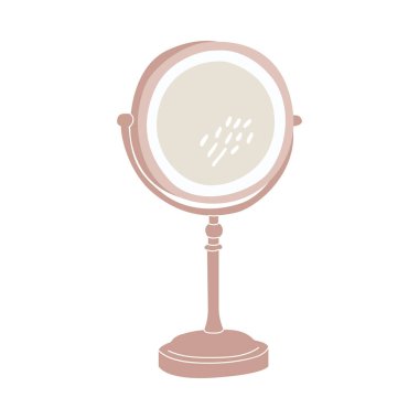 Beyaz arkaplanda izole edilmiş bir masaüstü yuvarlak makyaj aynasının düz vektör çizimi.