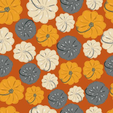 Renkli balkabaklarının üst görünümlü, kusursuz sonbahar deseni. Düz çizim. Ambalaj kağıtları ve sonbahar fuarı için el ilanları.