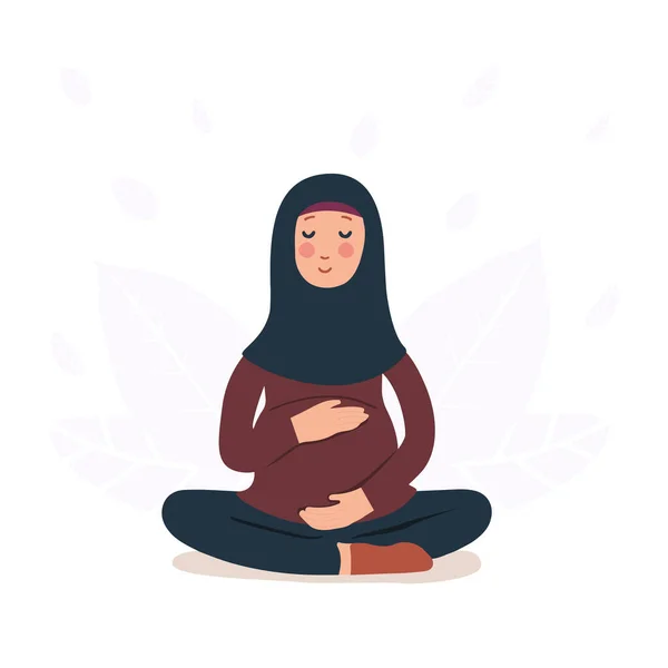 Flat Vector Illustration Meditating Pregnant Muslim Woman Hijab Preparing Woman — Stock Vector