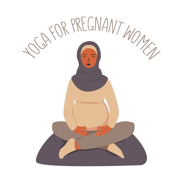 Healthy Lifestyle Concept Pregnant Muslim Woman Hijab Sits Yoga Lotus — Stock Vector
