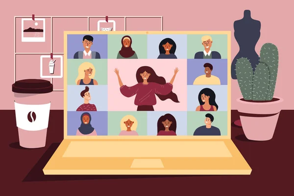 Bir iş yerinin düz vektör çizimi, laptop ekranı, internette konuşan insanlar. Yayın, web sohbeti, arkadaşlarla çevrimiçi toplantılar, video konferansı, online eğitim.