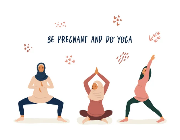 Yoga Pregnant Women Flat Illustration Three Muslim Women Belly Yoga — Stock Vector