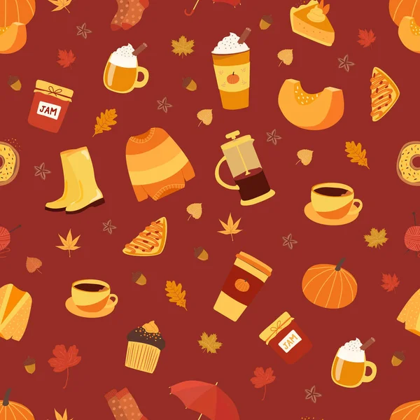 Seamless Vector Pattern Cute Autumn Elements Leaves Pumpkin Pie Sweets — Stock Vector