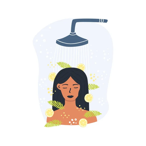 Płaska Ilustracja Wektorowa Kobiety Biorącej Prysznic Rano Rutyna Relaks Domu — Wektor stockowy