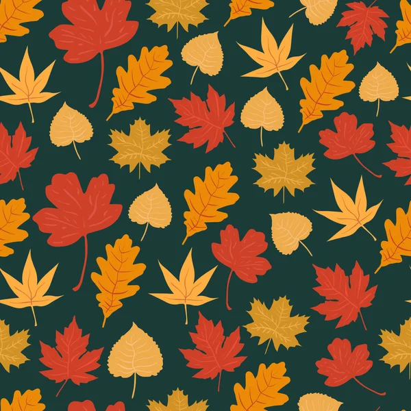 Koyu yeşil arka planda sonbahar yapraklarının vektörsüz deseni. Düz Çizim.