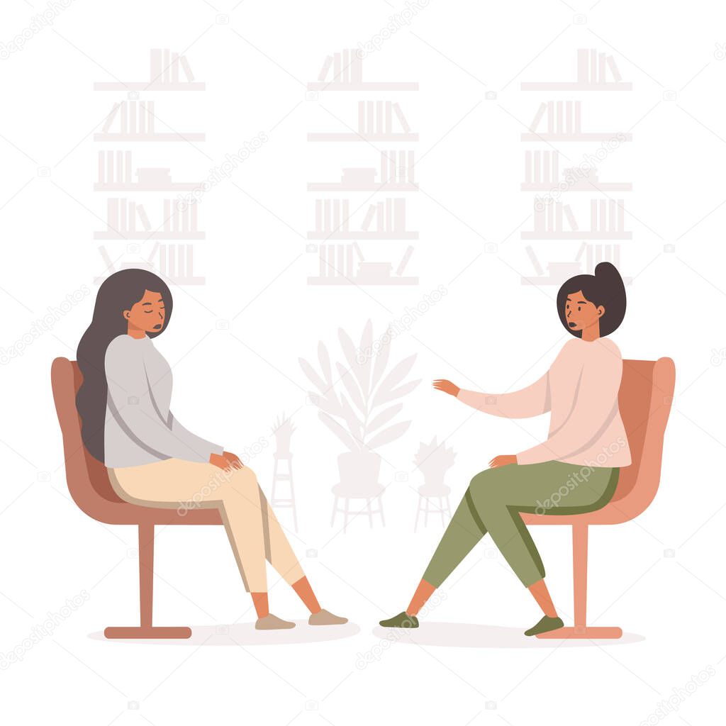 Flat illustration of a depressed girl at a psychologist's appointment. The purpose of therapy. A female therapist listens to the client's emotional story. The concept of psychological assistance.