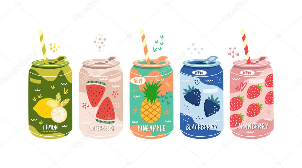 Flat illustration various tasty Sodas. Vector set of soft drinks in aluminum cans. Carbonated water with different fruit flavors. Trendy illustration on isolated white background