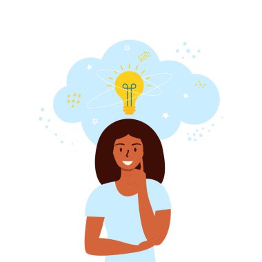 Beyaz arka planda bir konuşma balonunda düşünen ve çözüm bulan bir kadının düz vektör çizimi. Lamba ve insan karakterinin sembolü..