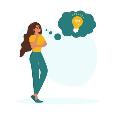Bir fikir yaratma kavramı. Bir fikir bulan düşünceli bir kızın düz vektör çizimi. Ampullü bir düşünce bulutu.