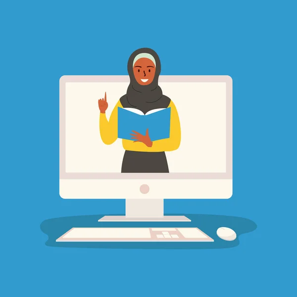 アラブの女性の教師やオンラインで働くのフラットベクトルイラスト バーチャルクラスのムスリムアラブ女性教師はオープンブックを保持しています リモートワークの概念 オンラインクラス 家庭教師のレッスン — ストックベクタ