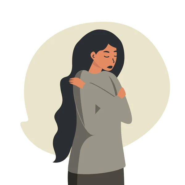 Saçları dökülmüş üzgün bir kadın hayatındaki sorunlardan kaçıyor. Depresyondaki kız ya da genç kız omuzlarını sararak içine çekildi. Depresyon, ilgisizlik, erteleme kavramı..