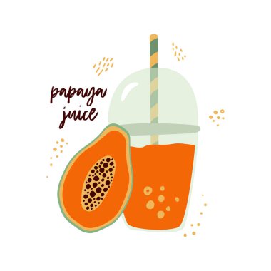 Beyaz arka planda pipetlerle izole edilmiş papaya ve papaya suyunun düz vektör çizimi. Yazdırma, afiş, etiket, poster, çıkartma, logo için tasarım. İskandinav tarzı.