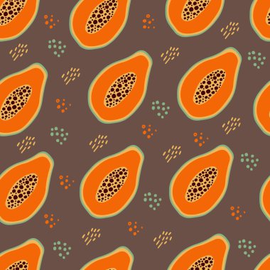 Papaya ile kusursuz desenli düz vektör çizimi. Bölümde turuncu papaya meyvesi var. Duvar kağıdı, baskı, ambalaj, kağıt, tekstil tasarımı için tasarım. İskandinav tarzı.
