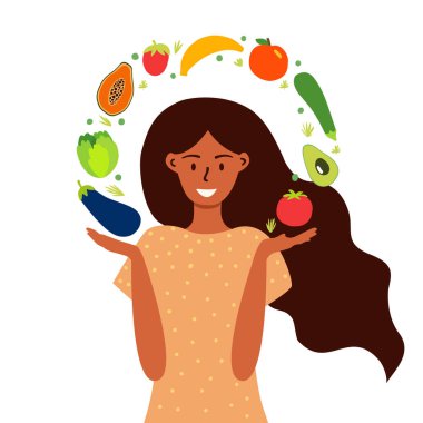 Genç ve komik bir vejetaryen kadının düz vektör çizimi. Kız ve sağlıklı vejetaryen yemekleri. Tişörtlerde, posterlerde, davetiyelerde ve kartpostallarda kullanılacak tasarım