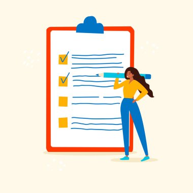 Bir Kontrol Listesinin vektör düz çizimi. Görevleri zamanında tamamlıyorum. Bir iş kadını ya da kadın ofis çalışanı dev bir kalem tutuyor ve işaretli bir kontrol panosuyla duruyor..