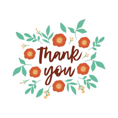 Teşekkür ederim. Çiçek ve yapraklardan oluşan bir çerçevesi olan güzel bir tebrik kartı. Vektör tasarımı. Anneler Günü ve diğer tatiller için düz çizim.