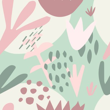 Karalamalı ve dekoratif elementli düz vektör bitki deseni. Tekstil tasarımı, duvar kağıtları, hikayeler, sosyal medya. İskandinav tarzı