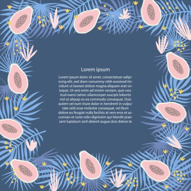 Tebrik kartları, davetiyeler, hikayeler, kitaplar için papaya meyveli düz vektör şablonu. Çizilmiş Botanik çizimler ve metin için alanı olan dekoratif elementlerle bir çerçeve. İskandinav tarzı