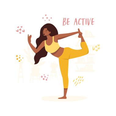 Evde yoga yapan bir kadının düz vektör çizimi ve bu ifade aktif olmalı. Yoga dersleriyle sağlıklı yaşam biçimi kavramı. Motive edici ve ilham verici afiş.