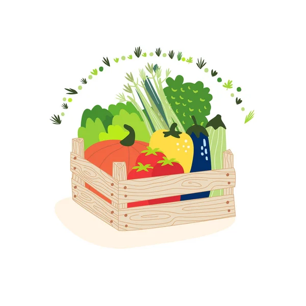 Dibujos Animados Vector Plano Ilustración Una Caja Madera Con Verduras — Vector de stock