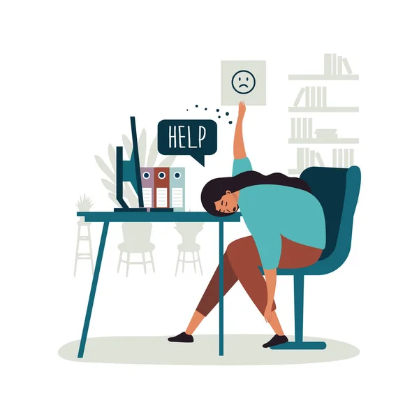 Flat Vector Illustrations Worker Burnout Emotional Burnout Tired Worker Sitting — Stock Vector