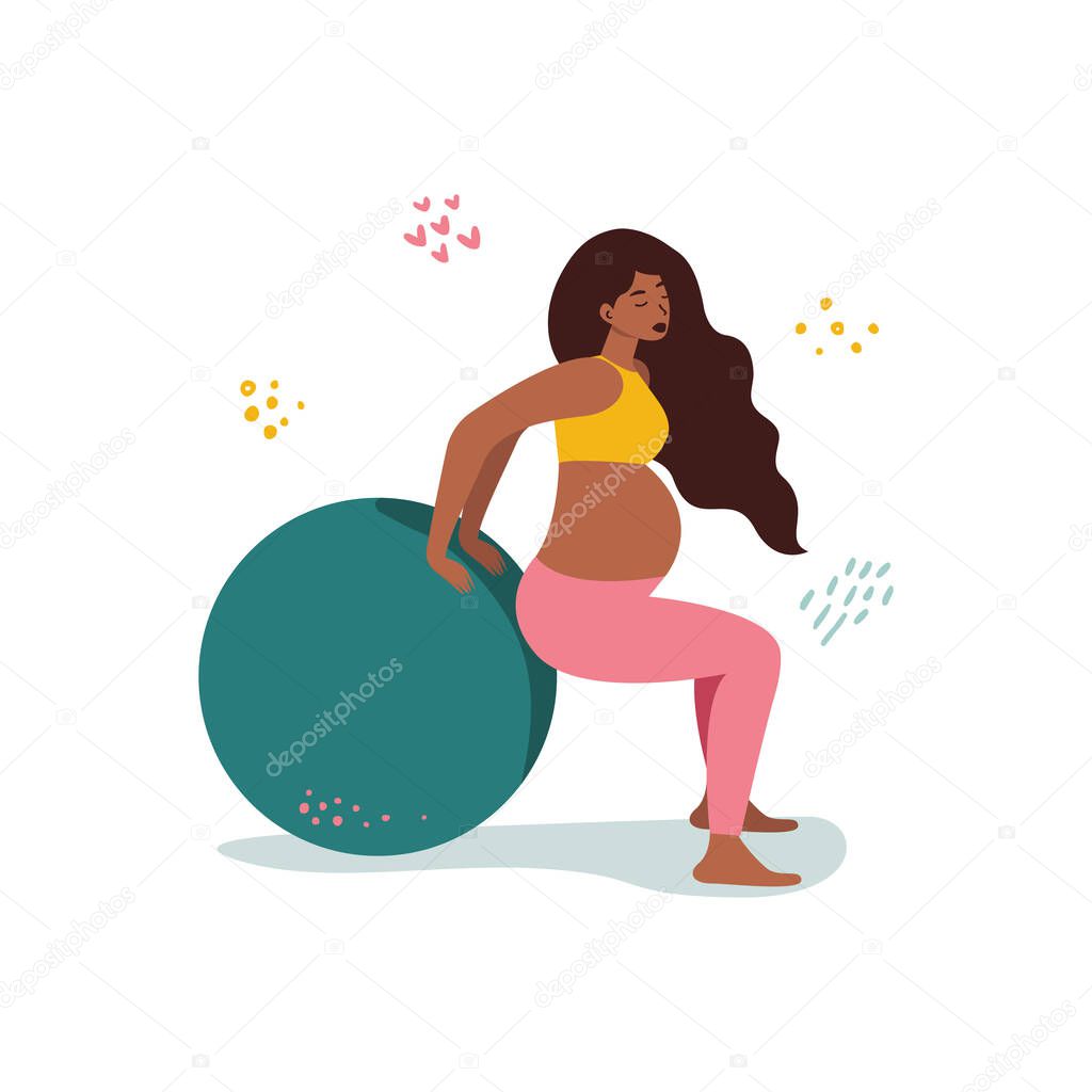 Flat vector cartoon illustration of a pregnant woman performing fit ball exercises isolated on a white background. The concept of a healthy lifestyle and sports during pregnancy