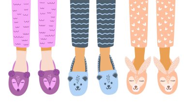   Ev pijamasında çocuk ayaklarının düz vektör çizimi. Pijama partisi, çocuk partisi. Beyaz arkaplanda izole çizim.