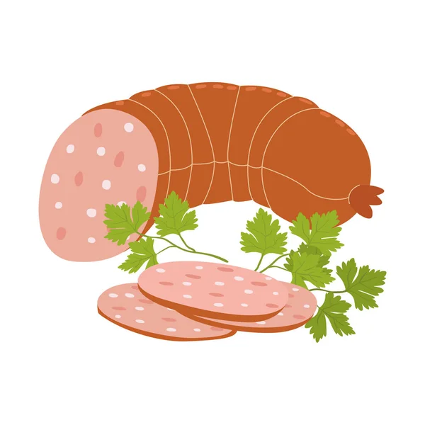 Flat Vector Cartoon Illustration Mortadella Bologna Sausage Meat Delicacies Slices — Stock Vector