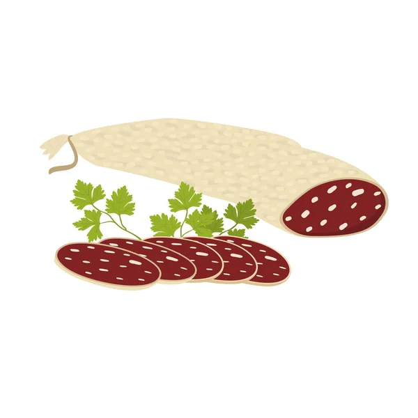 Flache Vektor Cartoon Illustration Der Salami Wurst Fleischdelikatesse Wurstscheiben Mit — Stockvektor
