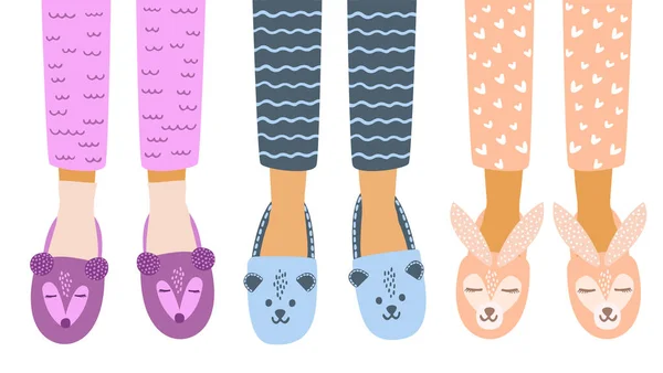 Dibujos Animados Vectoriales Planos Ilustración Pies Niños Pijama Casa Zapatillas — Archivo Imágenes Vectoriales