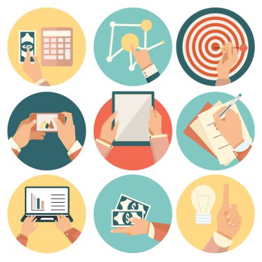 İş için bir takım ikonlar. Para, telefon, tablet, gol, dizüstü bilgisayar ve hesap makinesi olan eller. Vektör düz resimleme.