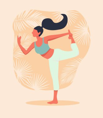 Soyut yaprakların arka planında yoga yapan bir kızın güzel düz çizimi. Yoga yoluyla sağlıklı yaşam biçimi kavramı. Yoga stüdyosu afişi için fikir.