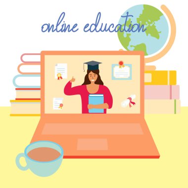 E-öğrenme, eğitim ve üniversite afişi, dizüstü bilgisayar, kitaplar, küre ve bir fincan kahve. Online eğitim kavramı. Ekrandaki mezuniyet şapkalı kız onaylıyor. Düz vektör