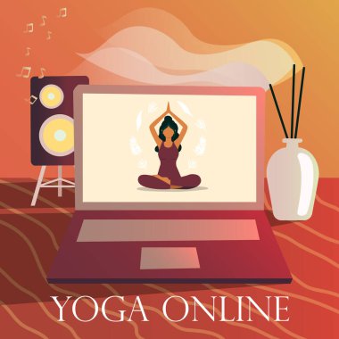 Çevrimiçi yoga dersinin parlak modern vektör çizimi. Yoga yoluyla evden ayrılmadan sağlıklı yaşam biçimi kavramı. Kız meditasyon yapıyor. Online yoga eğitimi