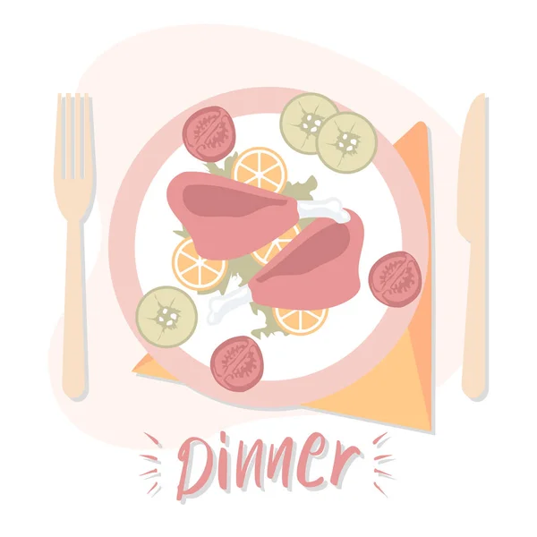 저녁의 닭고기 요리가 접시에 포크와 토마토 오이를 놓는다 음식은 설계에 — 스톡 벡터